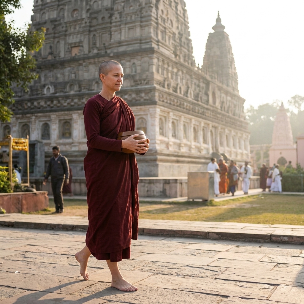 A Buddhist monk in maroon robes walking quietly near the Mahabodhi Temple in Bodh Gaya, early morning light and long shadows on the stone path