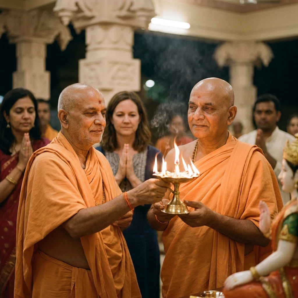 A Hindu priest performing an evening aarti ritual with a flaming lamp in a temple while devotees watch quietly