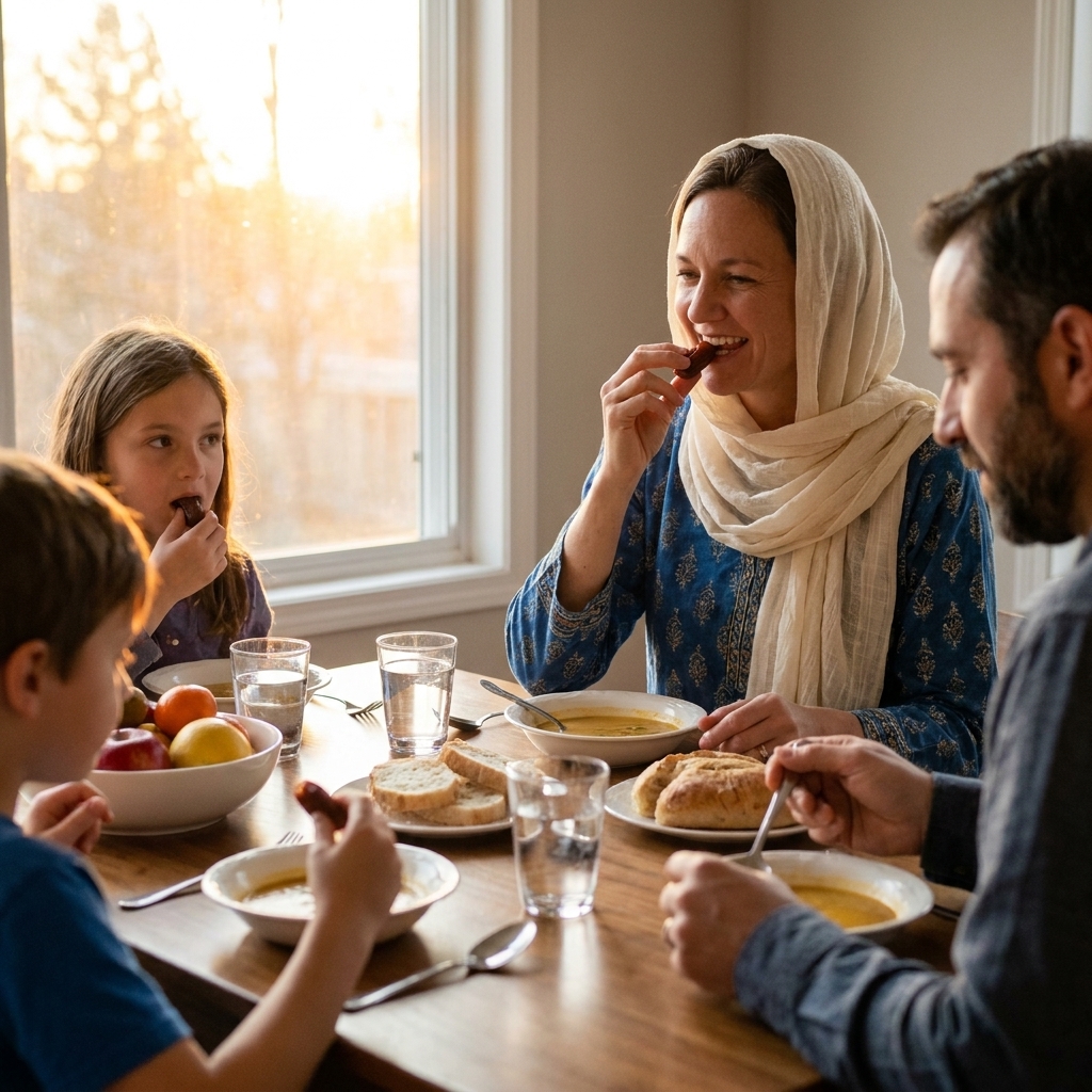A Muslim family seated around a dinner table at sunset sharing dates and water before a simple meal, conveying a peaceful moment of Ramadan iftar at home