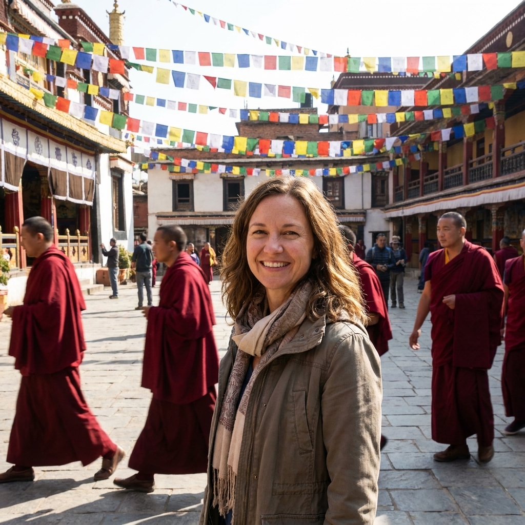 A Tibetan Buddhist monastery courtyard in Kathmandu with prayer flags strung overhead and monks in maroon robes walking across sunlit stone ground