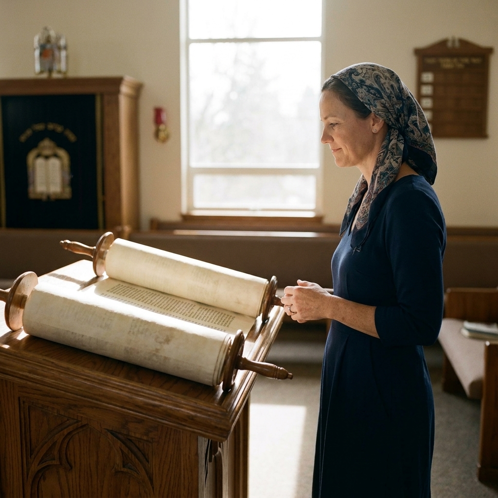 A Torah scroll open on a reading table inside a synagogue, with soft light and respectful distance from the sacred text