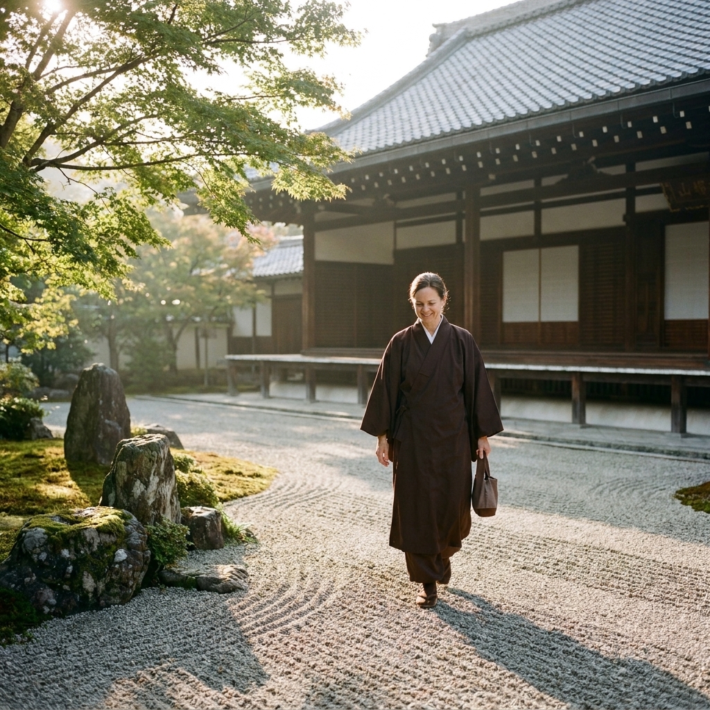 A Zen Buddhist temple courtyard in Kyoto, Japan, with a monk walking past a wooden hall and raked gravel garden in soft morning light