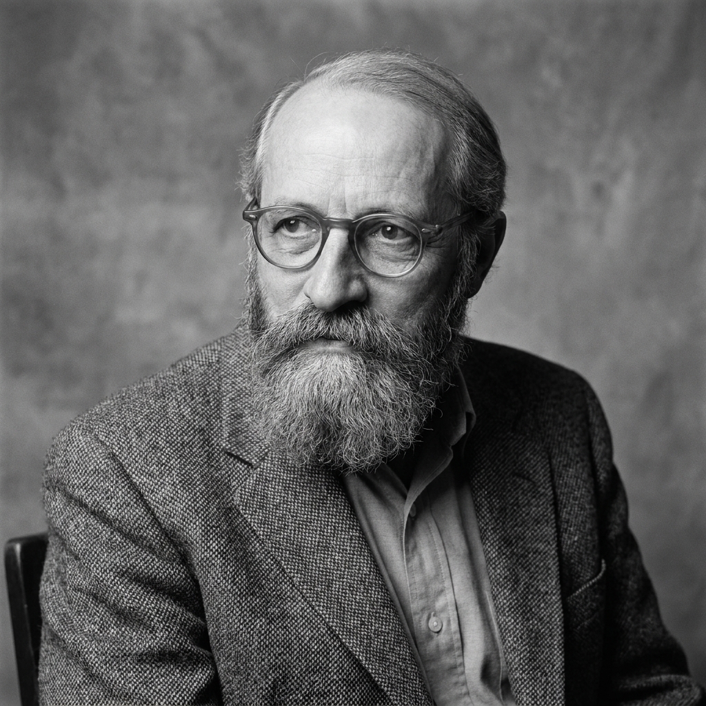 A black-and-white portrait of Martin Buber with a full beard, seated and looking slightly to the side