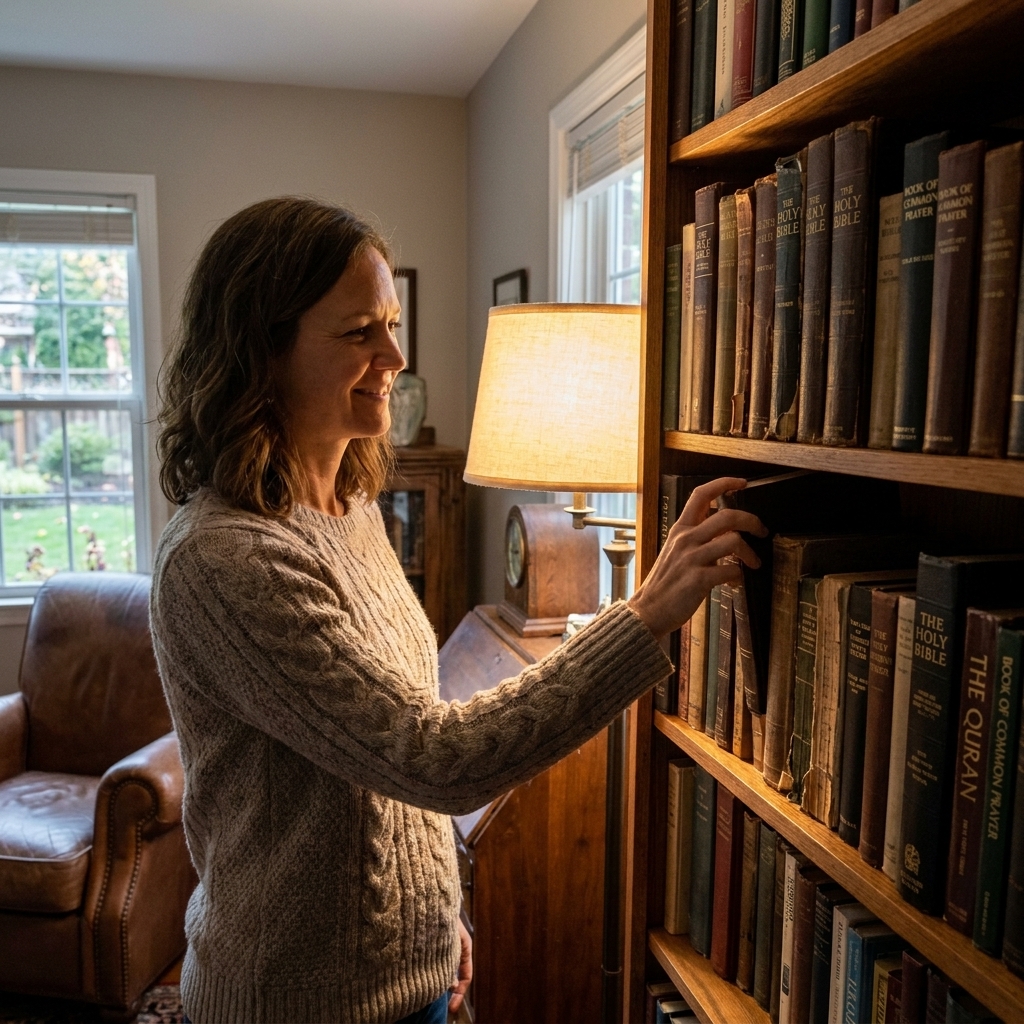 A bookshelf holding several religious books with worn spines in a quiet study, with warm lamplight and a sense of lived-in reverence