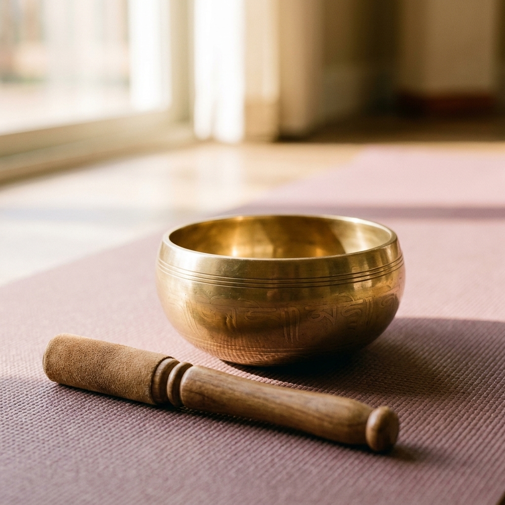 A brass singing bowl resting on a yoga mat beside a wooden mallet in soft window light