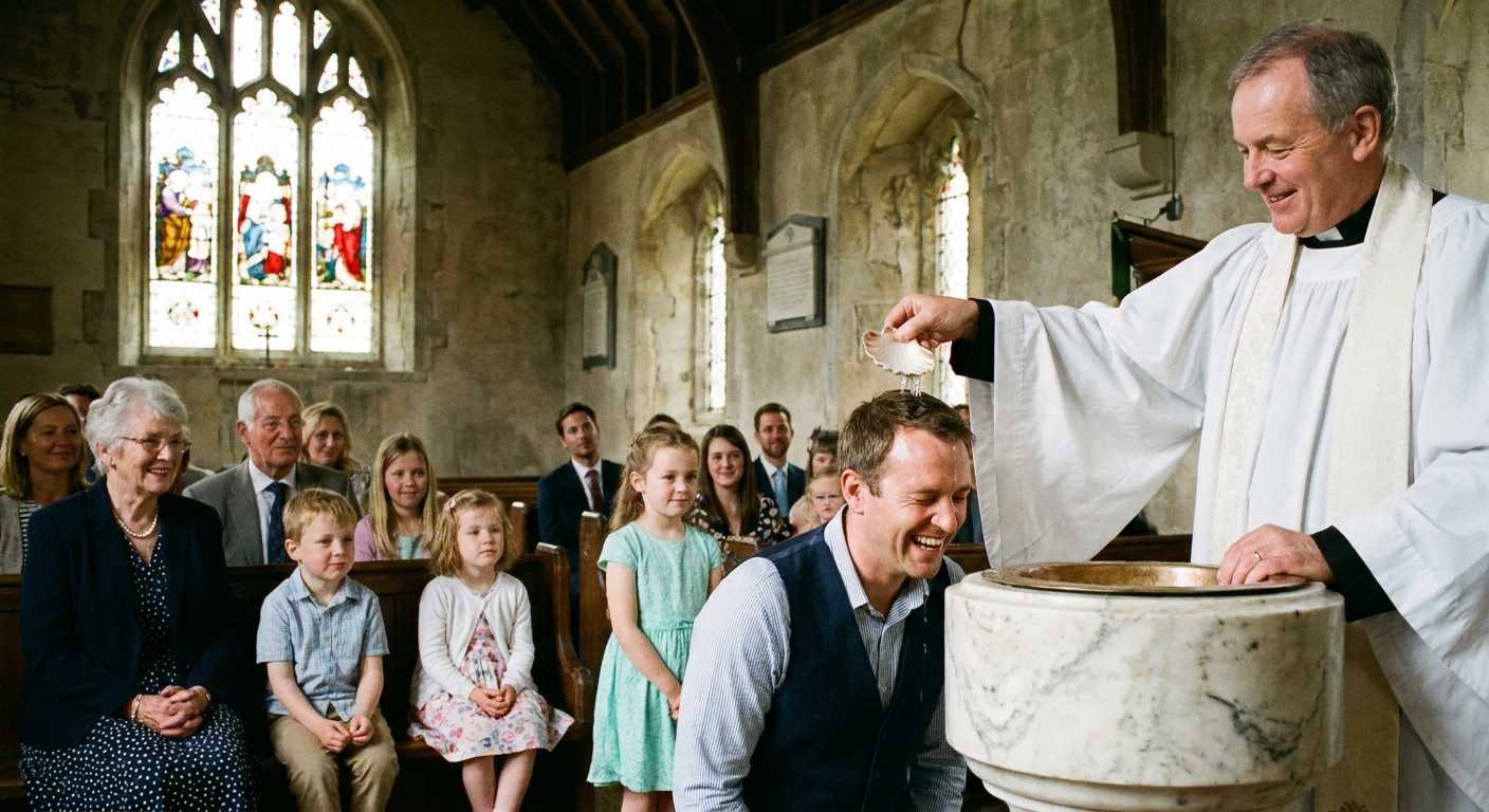 A candid photograph of a baptismal moment in a church, with a pastor gently pouring water over a person near a baptismal font while family members watch quietly
