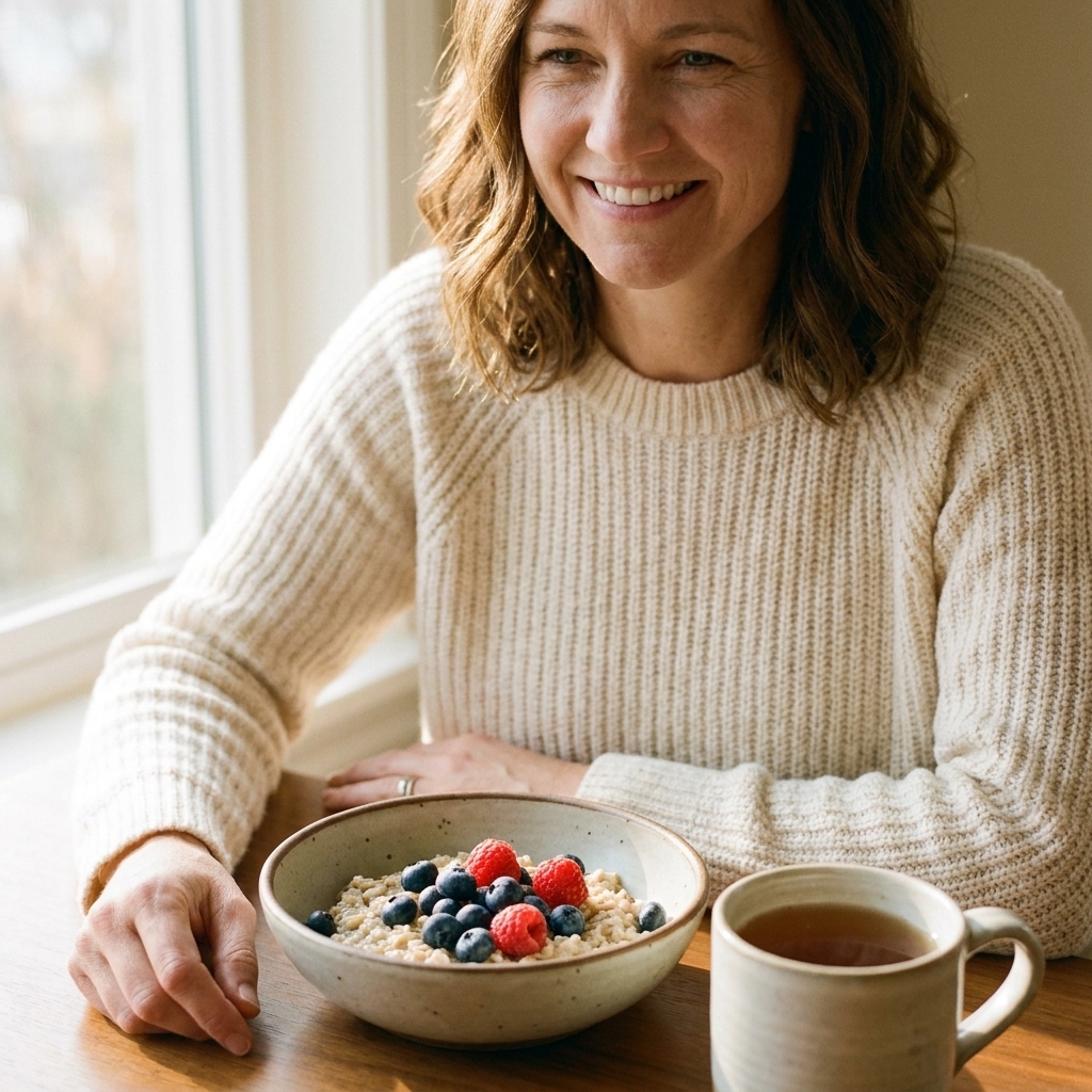 A ceramic bowl of oatmeal topped with blueberries and raspberries on a wooden table beside a mug of tea in morning light