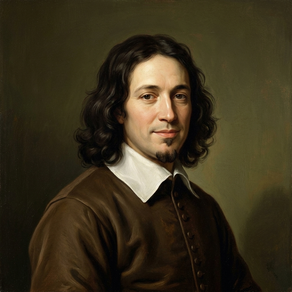 A classical painted image of Baruch Spinoza in dark clothing with a calm expression, shown from the chest up against a subdued background