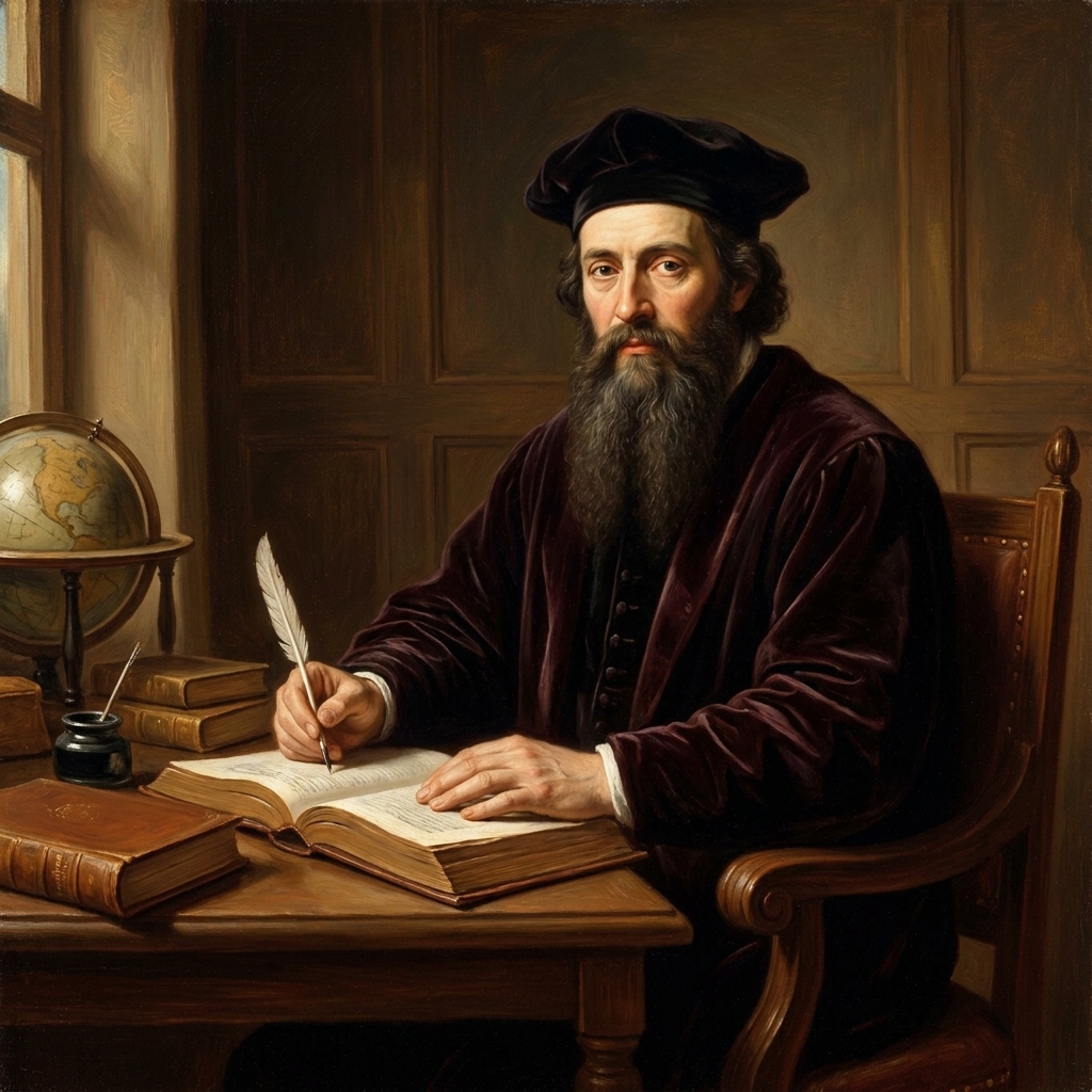 A classical painted portrait of Jacobus Arminius wearing dark academic clothing, posed formally in a study-like setting