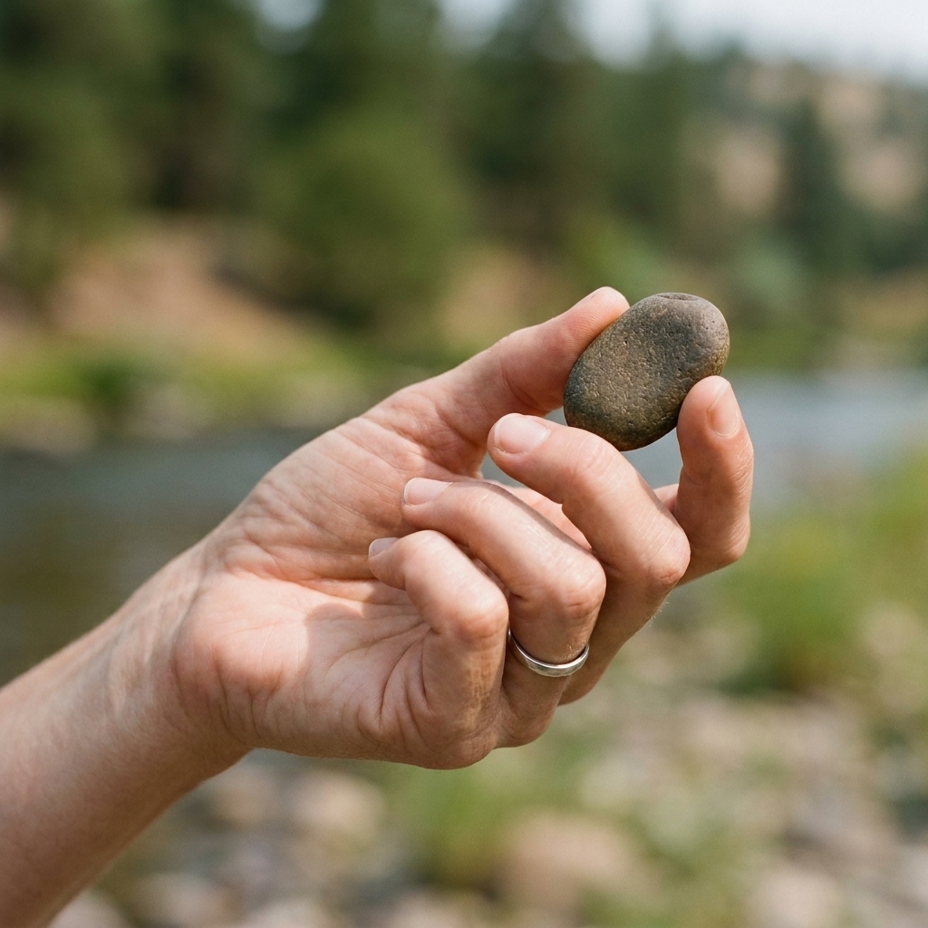 A close view of a hand holding a small smooth river stone, with soft natural light and a blurred outdoor background