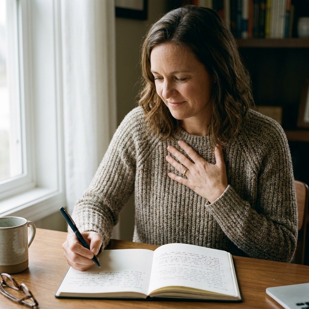A close view of a person with one hand resting on their chest and the other holding a pen over an open notebook on a quiet table