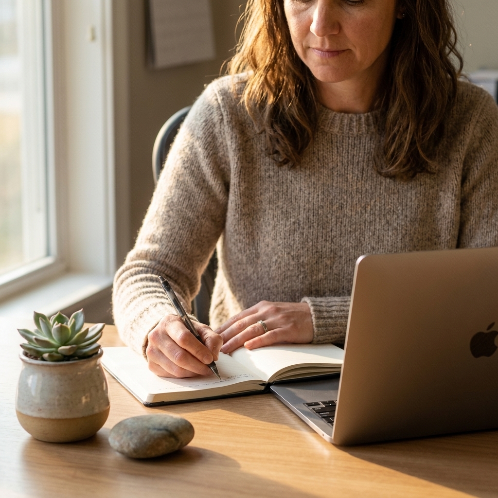 A close view of a work desk with a small potted plant and a smooth stone near a notebook and laptop, soft morning light