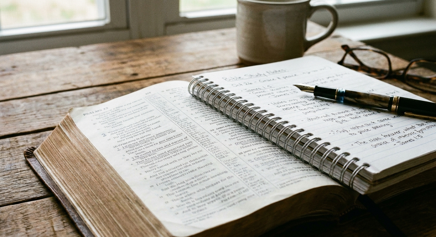 A close view of an open Bible on a table next to a simple notebook with handwritten notes and a pen resting across the page