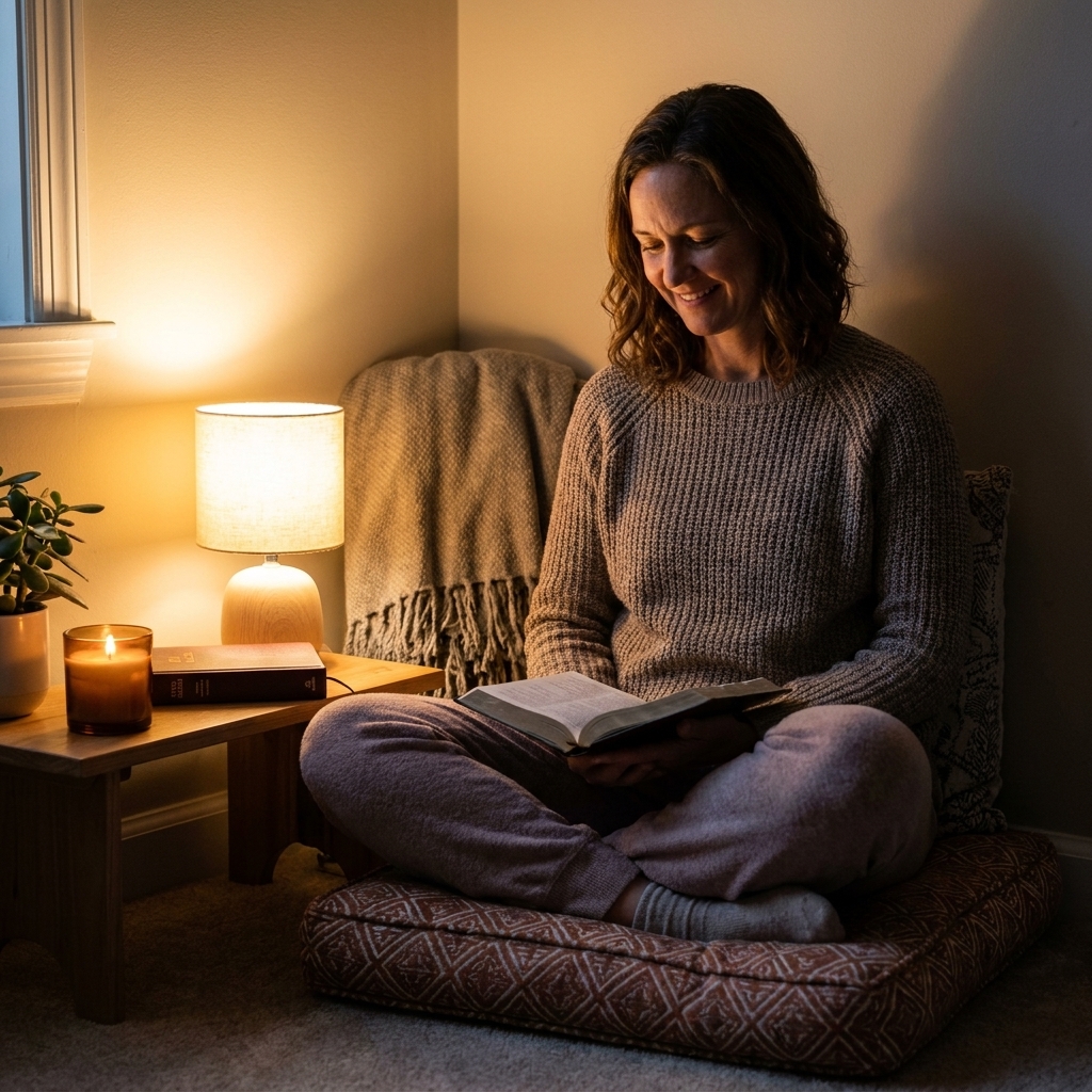 A compact prayer and meditation corner in a small apartment with a cushion on the floor beside a low table holding a candle and a book, evening lamp light