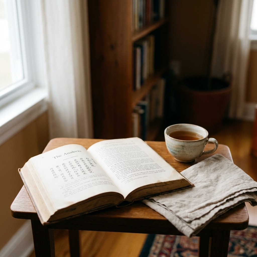 A copy of the Analects lying open on a small table next to a teacup and a folded linen cloth in a quiet indoor setting