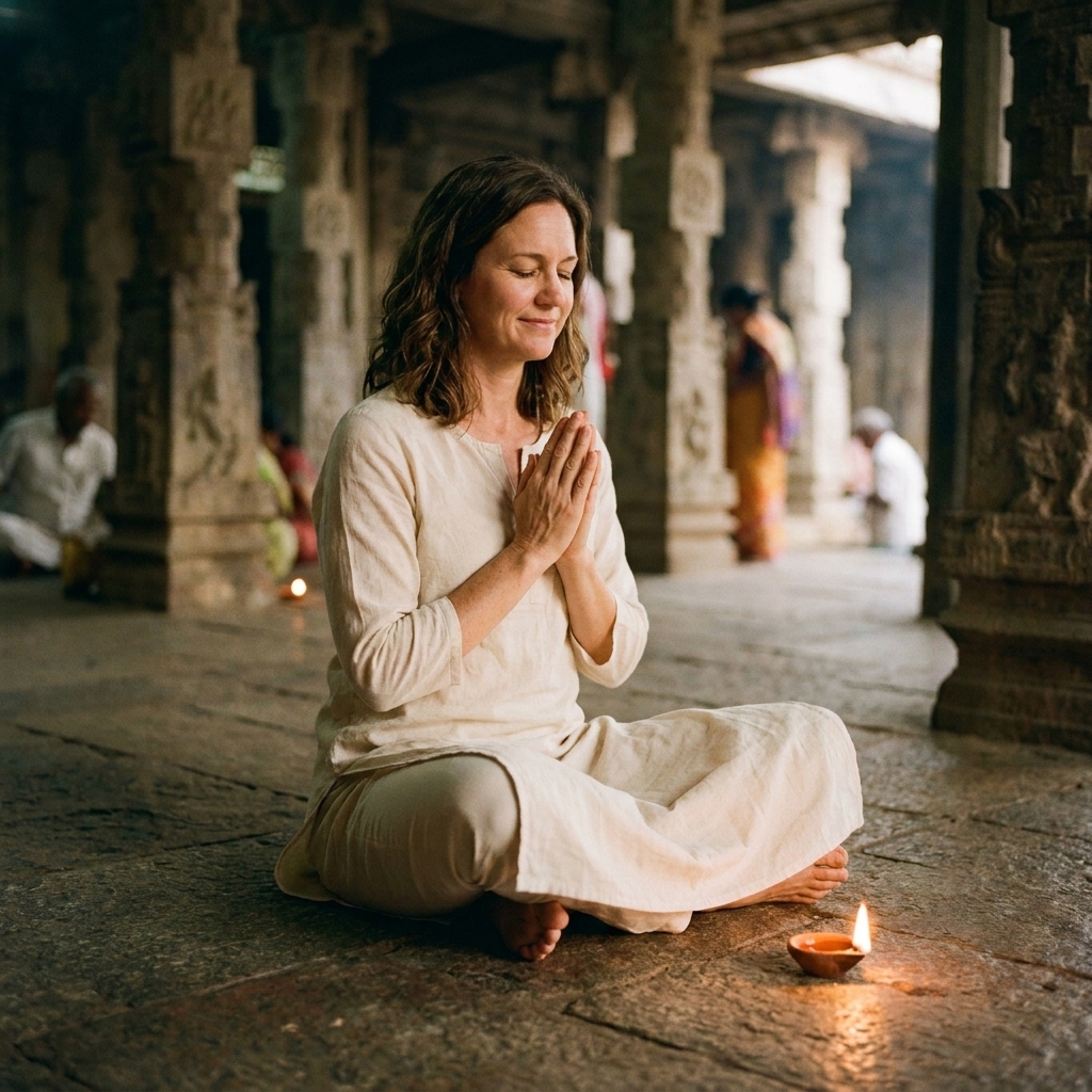 A devotee sitting cross-legged on a temple floor with hands folded in prayer, a small oil lamp glowing nearby during an Ekadashi observance