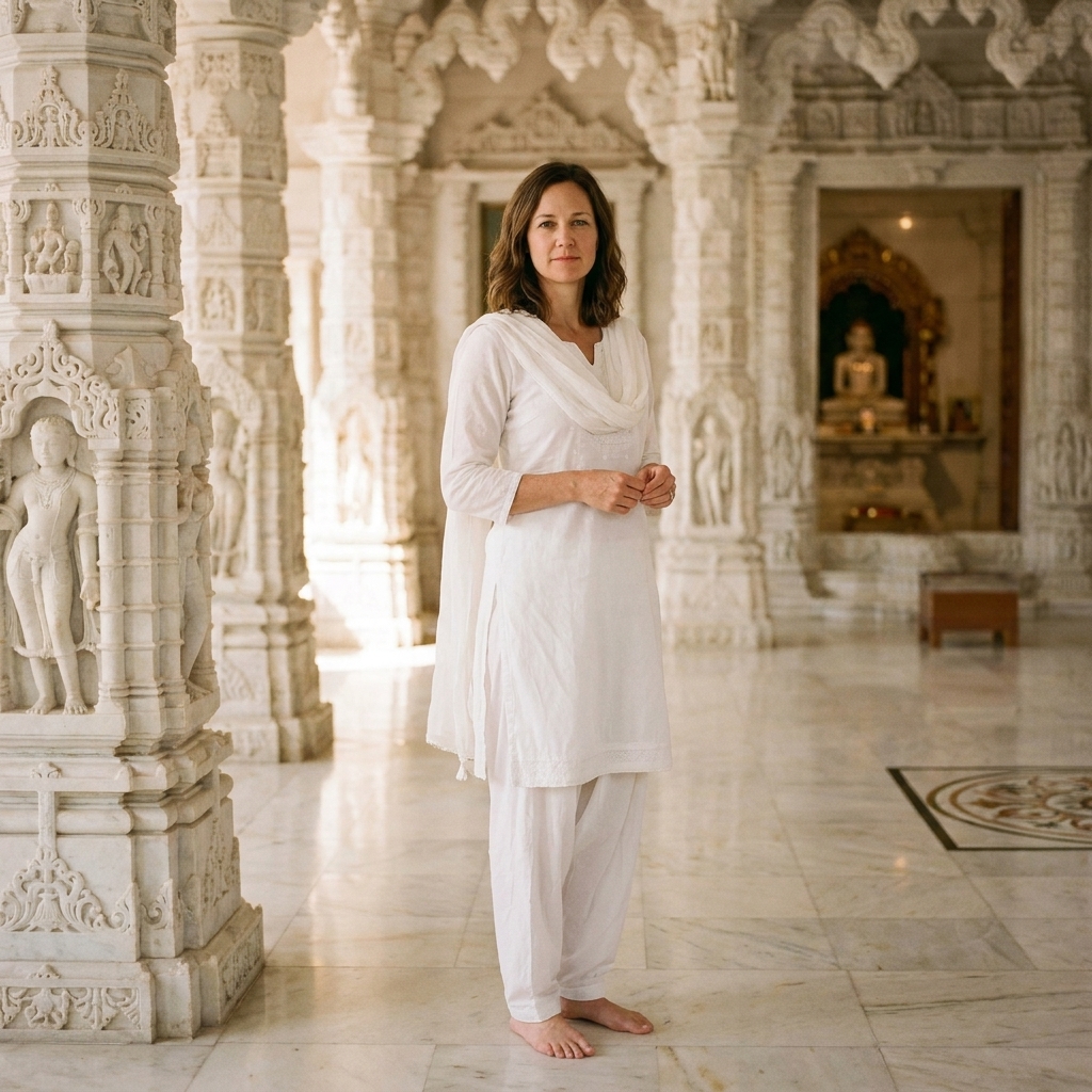 A devotee standing barefoot inside a white marble Jain temple, soft light reflecting off carved pillars and a calm, spacious interior