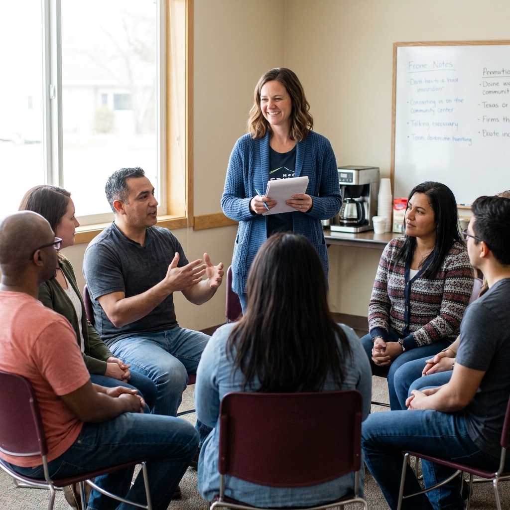 A facilitator standing near a circle of seated participants in a community center, holding a notepad while guiding a respectful conversation