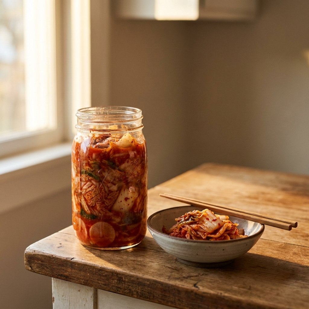 A glass jar of kimchi on a kitchen counter beside a small bowl and chopsticks, photographed in warm natural light