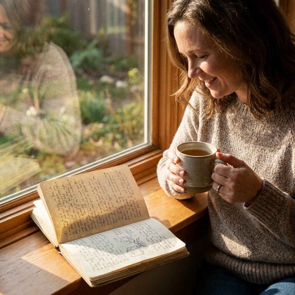 A handwritten journal open on a windowsill beside a cup of tea, afternoon light falling across the pages