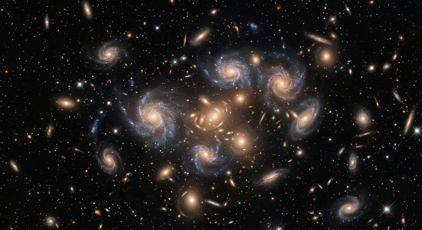 A high-resolution photograph of a distant galaxy cluster set against deep black space, with scattered stars and glowing spiral galaxies