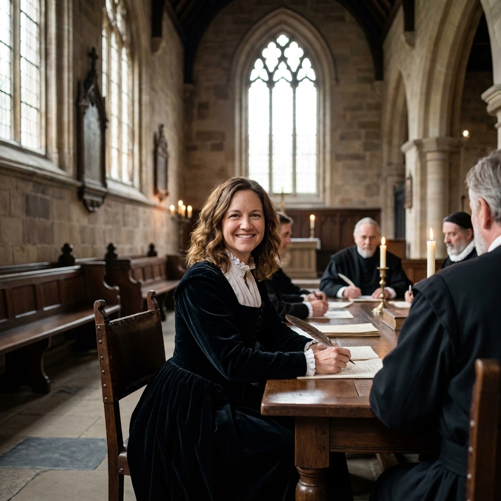 A historic church interior with wooden benches and tall windows, suggesting a formal early modern European council setting