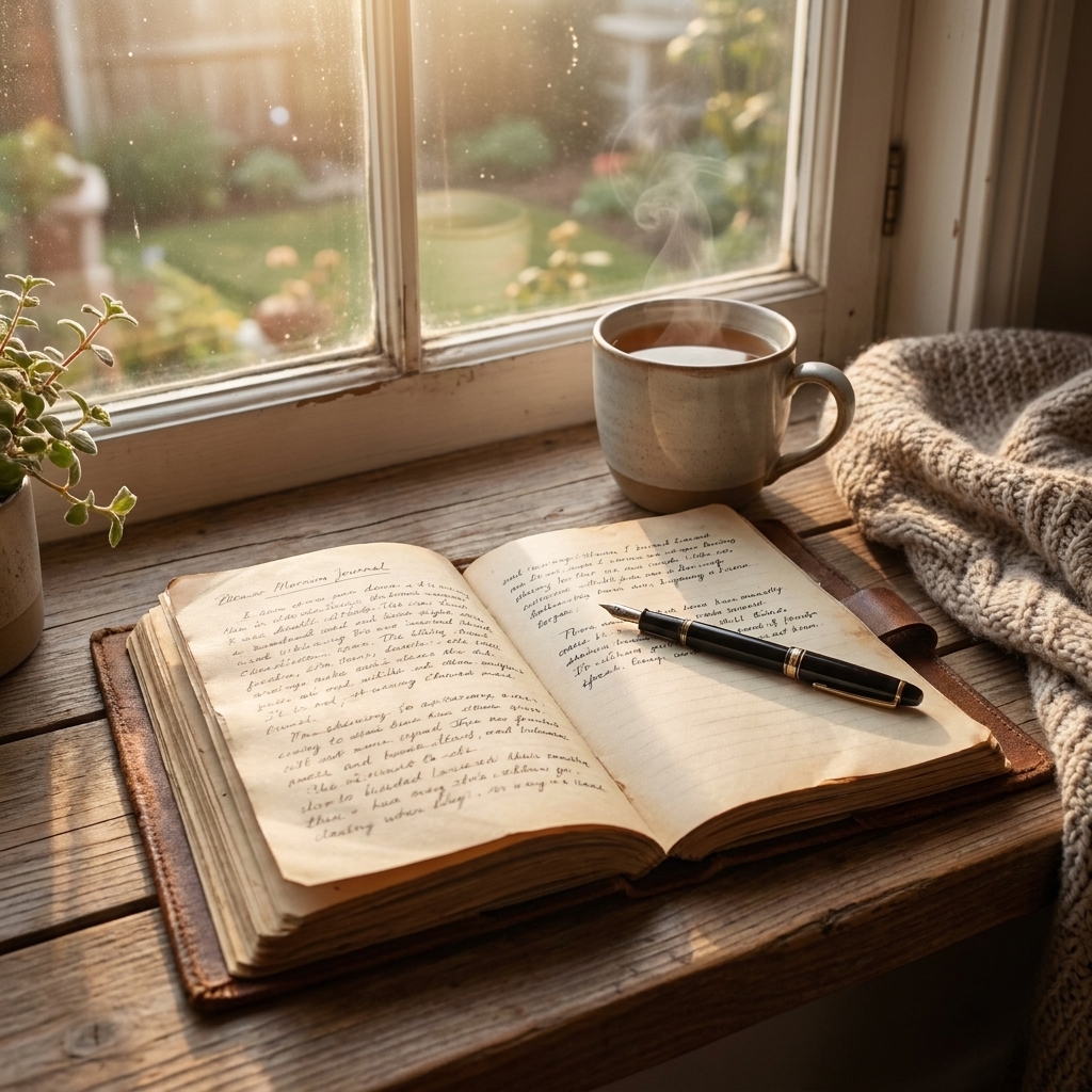 A journal opened beside a cup of tea on a windowsill with soft morning light, a pen resting across the page, peaceful home atmosphere