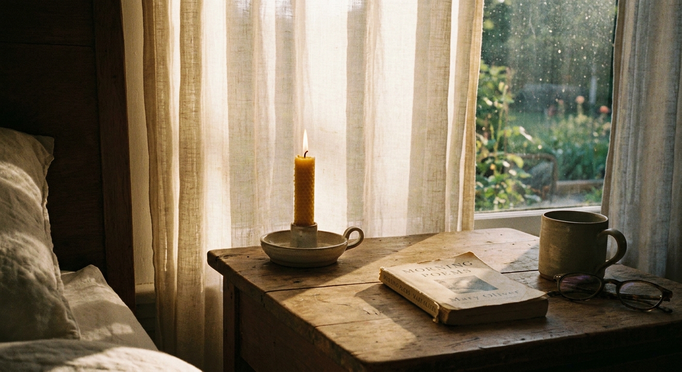 A lit candle on a simple bedside table beside a small book, with early morning light coming through curtains