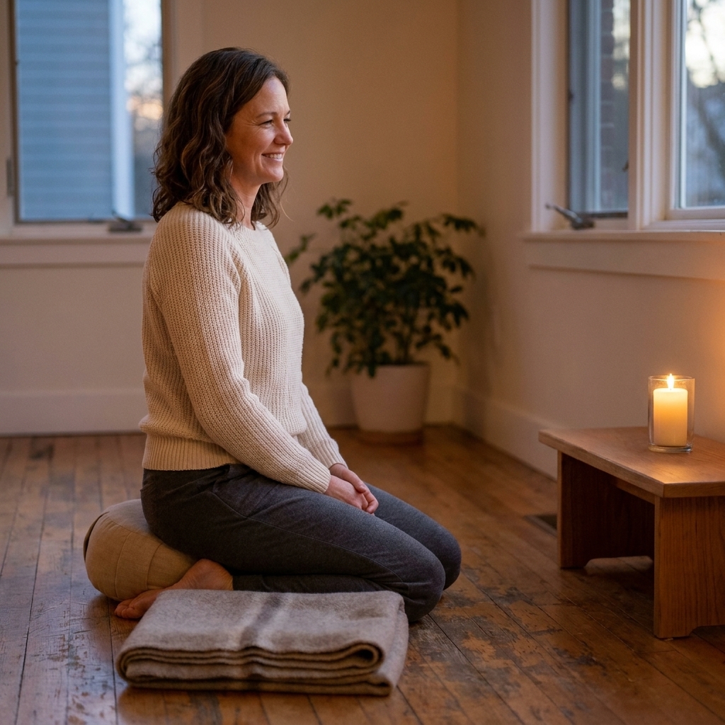 A meditation cushion and folded blanket on a wooden floor beside a small candle on a low table in a calm, uncluttered room with warm evening light