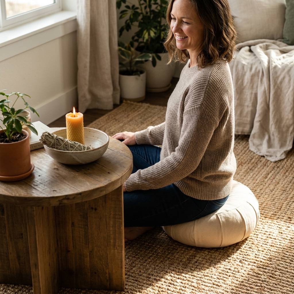 A meditation cushion on a woven rug beside a small table with a candle and a ceramic bowl, cozy indoor setting with natural textures