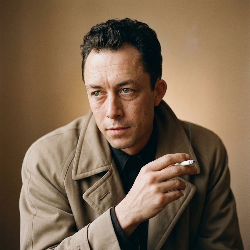 A mid-century portrait of Albert Camus wearing a trench coat and looking outward with a cigarette in hand