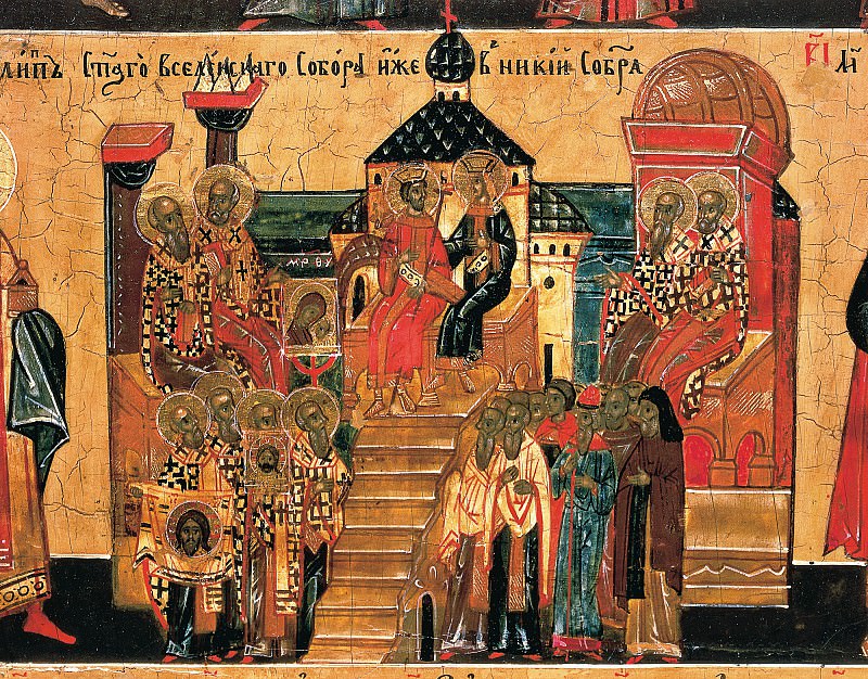 A painted icon depicting bishops gathered at the First Council of Nicaea, with robed figures arranged around a central figure holding a scroll