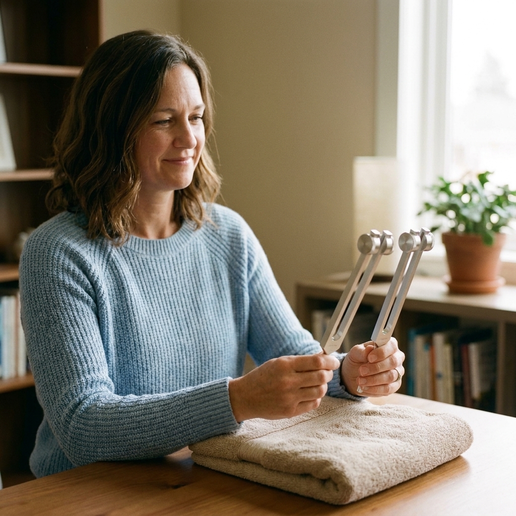 A pair of metal tuning forks held in a person’s hands over a folded towel on a wooden table in a quiet room