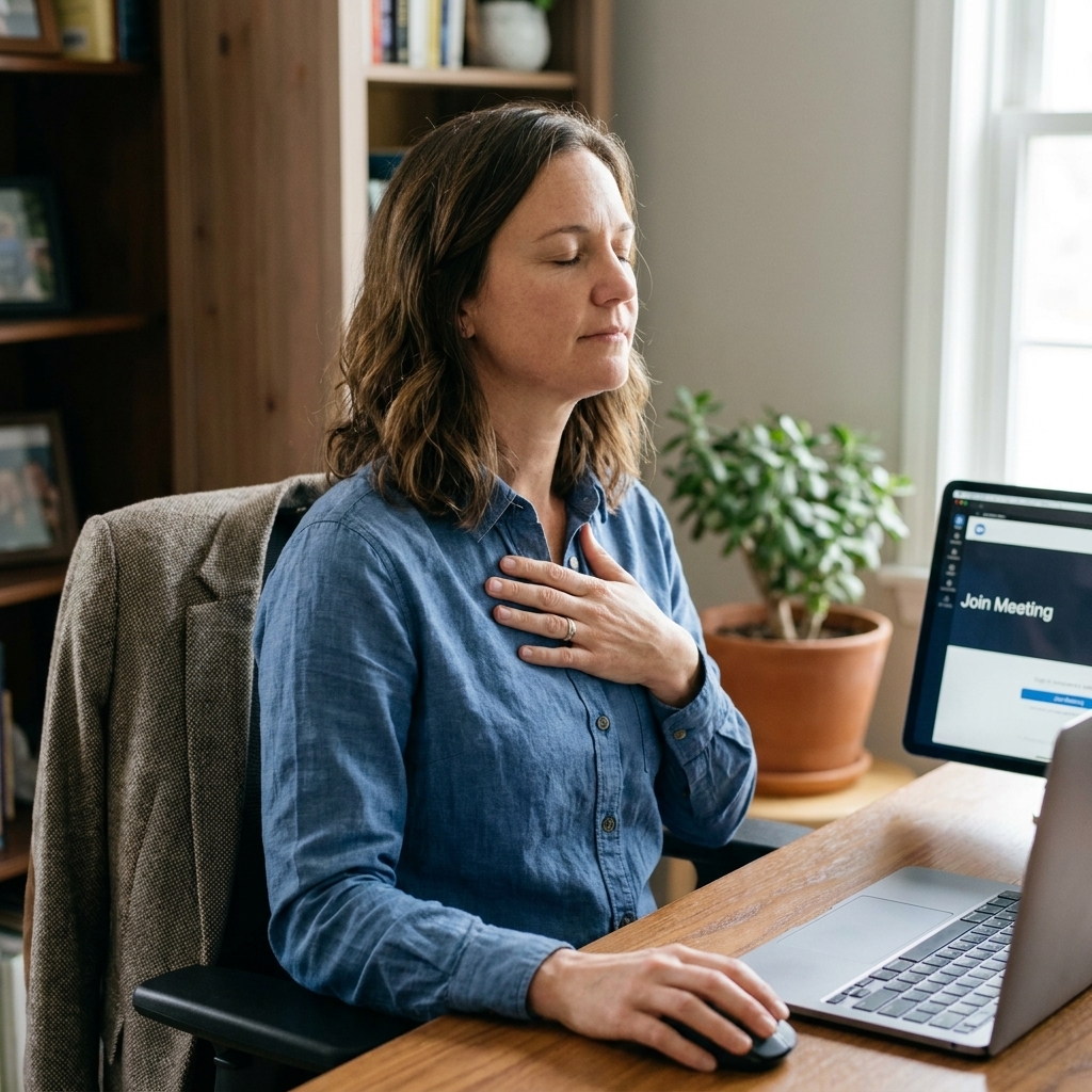 A person at a home office desk pausing before a video call, one hand on the mouse and the other resting on their chest, taking a calm breath