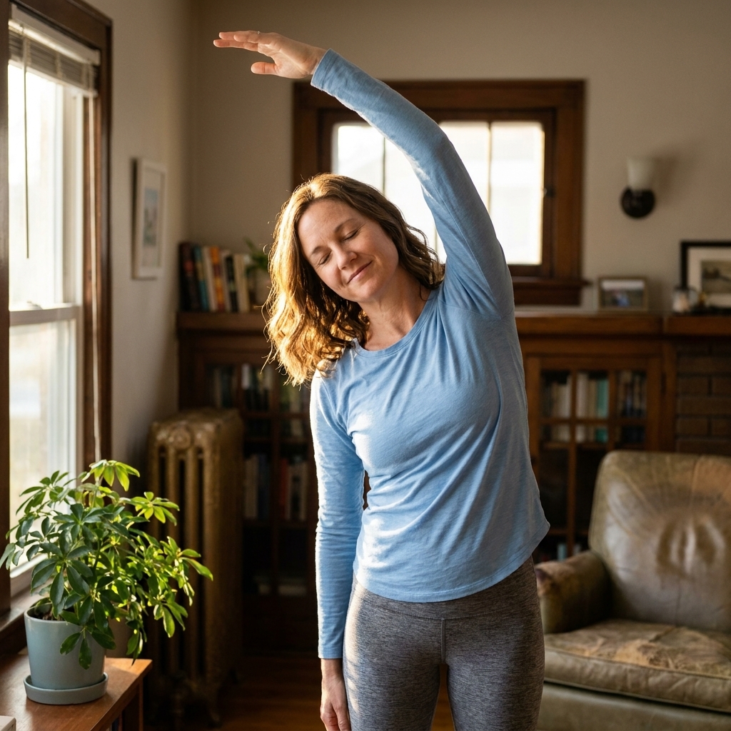 A person doing a gentle standing stretch in a sunlit living room in the early morning, calm home setting