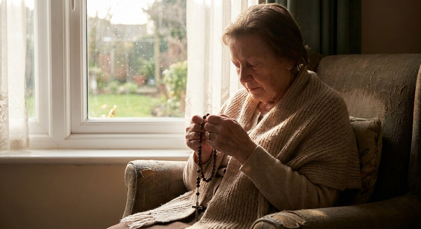 A person holding a traditional Catholic rosary in both hands while sitting quietly in prayer near a softly lit window