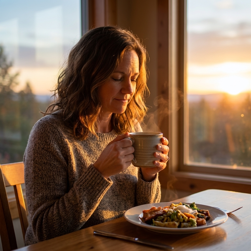 A person holding a warm cup of tea at a table near a window at sunset, pausing in quiet gratitude before eating
