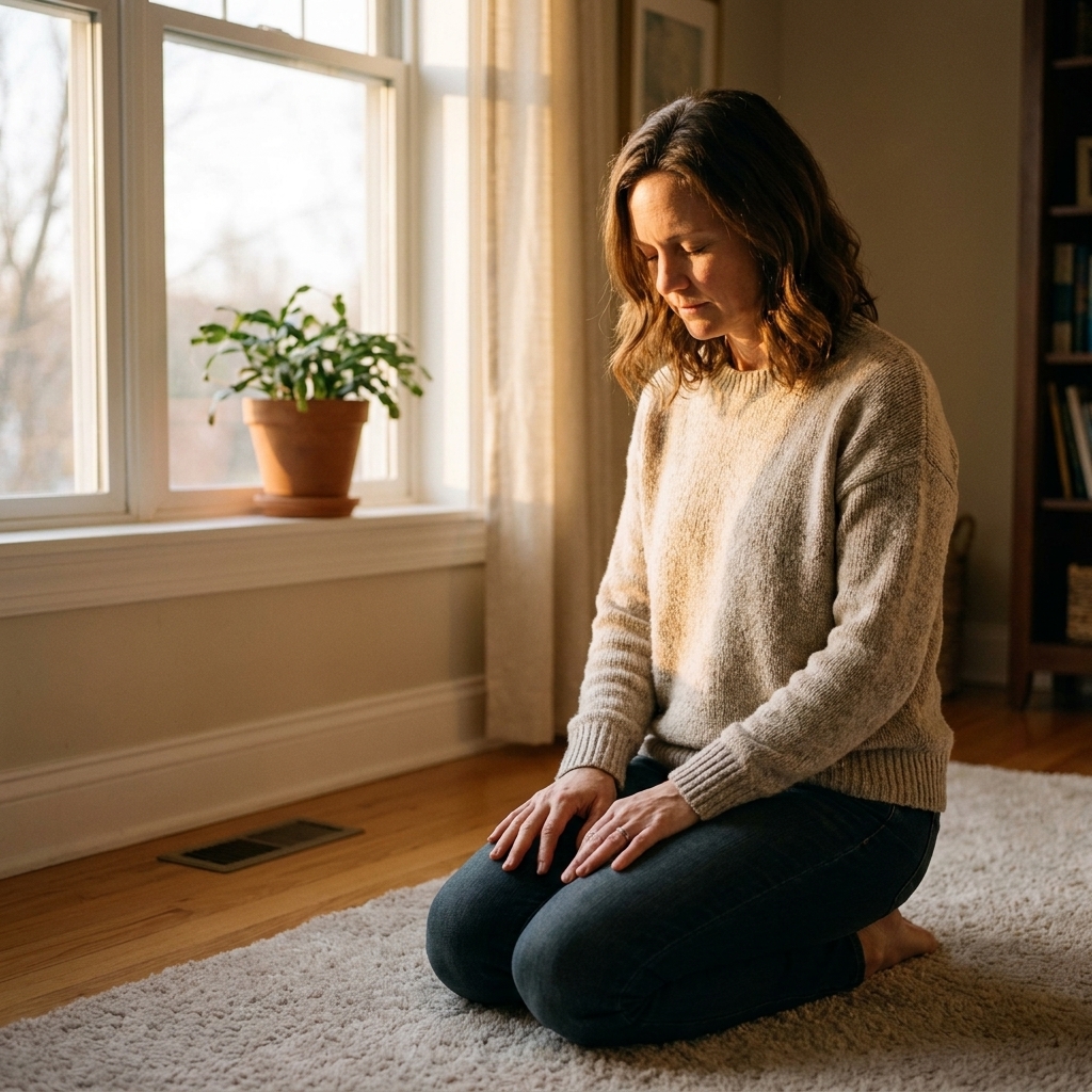A person kneeling in quiet prayer near a window in early morning light, hands resting gently on their lap