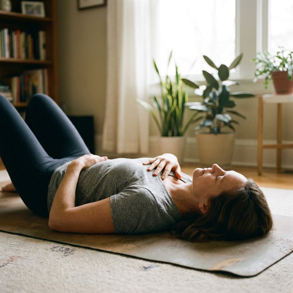 A person lying on a yoga mat in a quiet living room, one hand on their belly and one on their chest, breathing slowly with relaxed shoulders