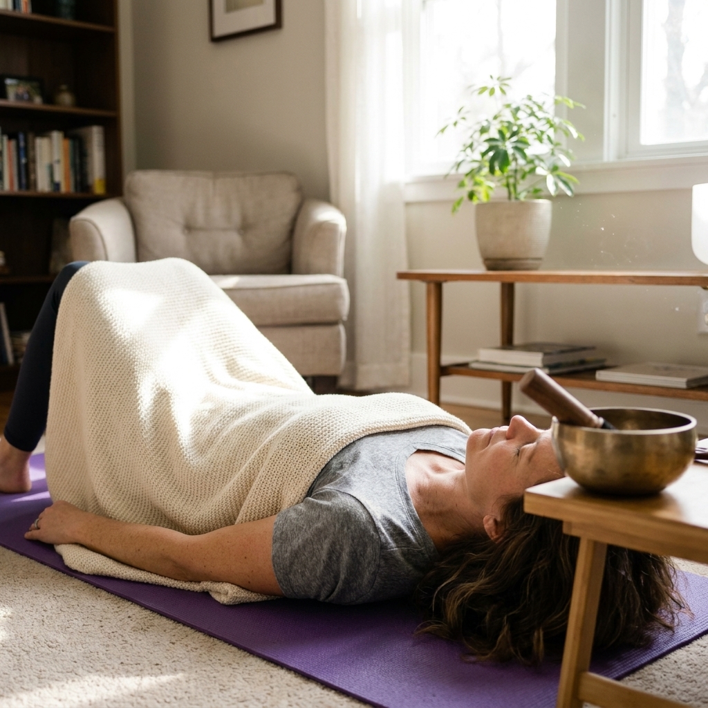 A person lying on a yoga mat under a light blanket in a peaceful living room with eyes closed and a singing bowl placed nearby