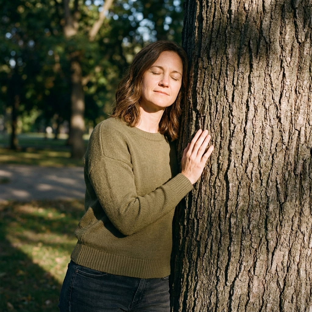 A person resting their palm on a large tree trunk in a quiet park, eyes closed as if listening