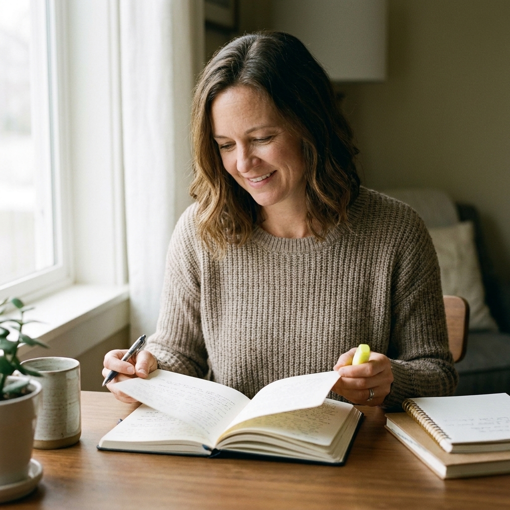 A person reviewing journal pages at a desk with a pen and a small highlighter, soft daylight on the paper, quiet reflective mood