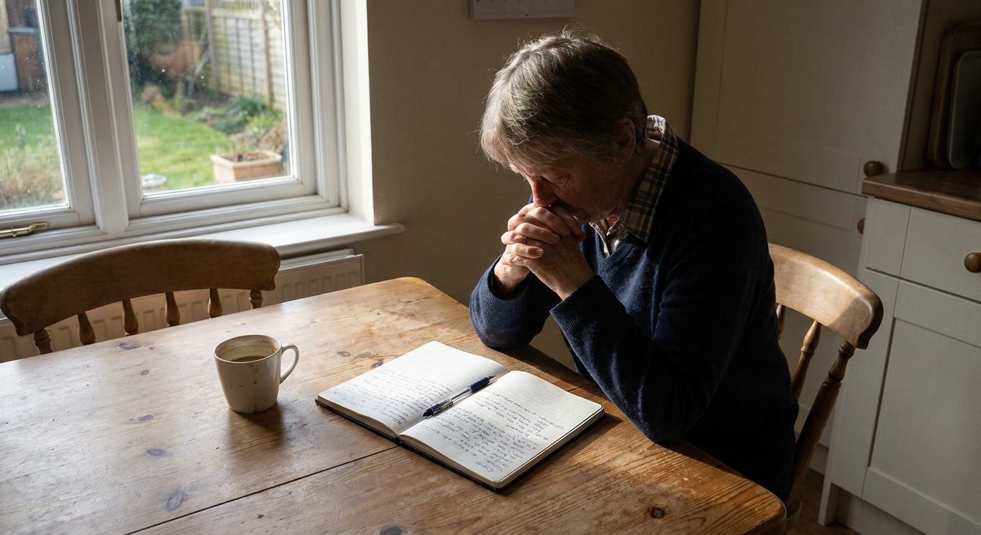 A person seated at a small kitchen table with an open notebook and a pen, morning light coming through a window during a quiet prayer moment