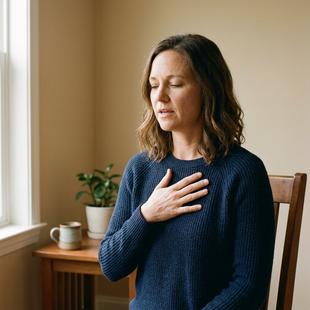 A person seated in a simple quiet room with one hand over their heart, eyes lowered, practicing a soft remembrance chant