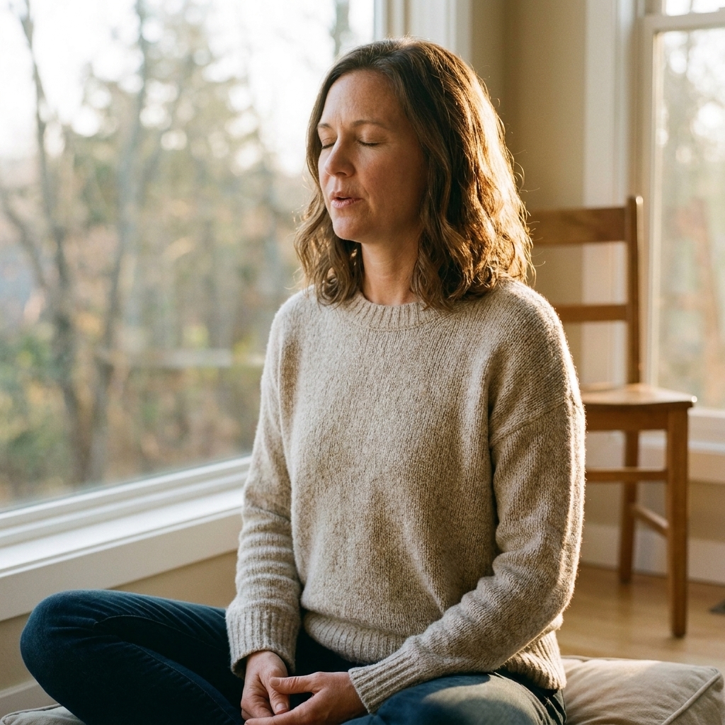 A person seated near a window with eyes closed and hands resting on their lap, gently humming during meditation in warm afternoon light