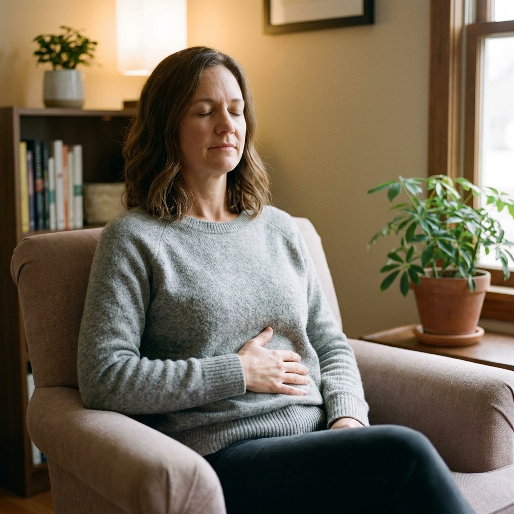 A person seated on a chair with eyes softly closed, one hand on the belly as they practice mindful breathing in a quiet living room