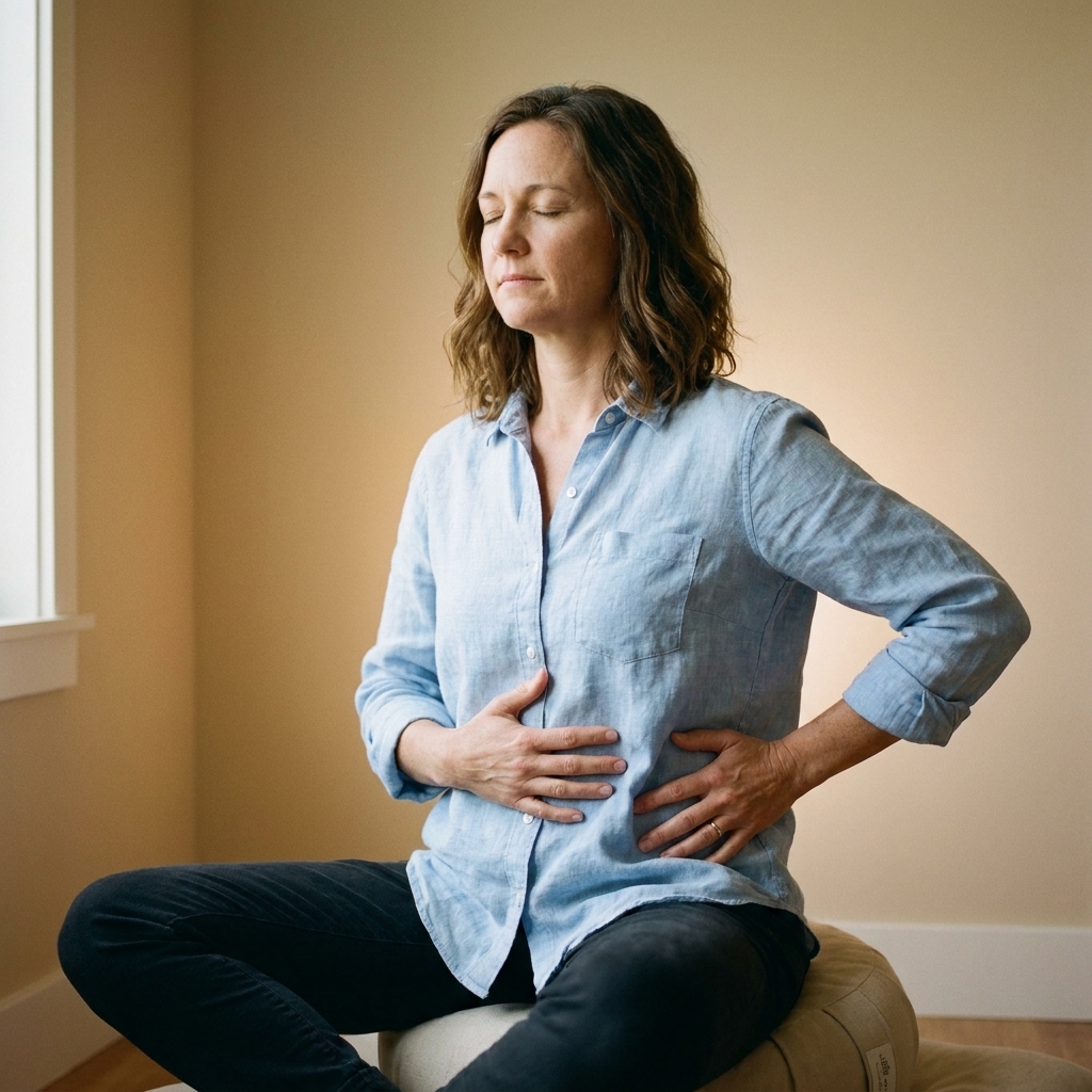 A person seated on a cushion with one hand on the belly and the other on the side ribs, eyes closed, practicing slow three-part breathing