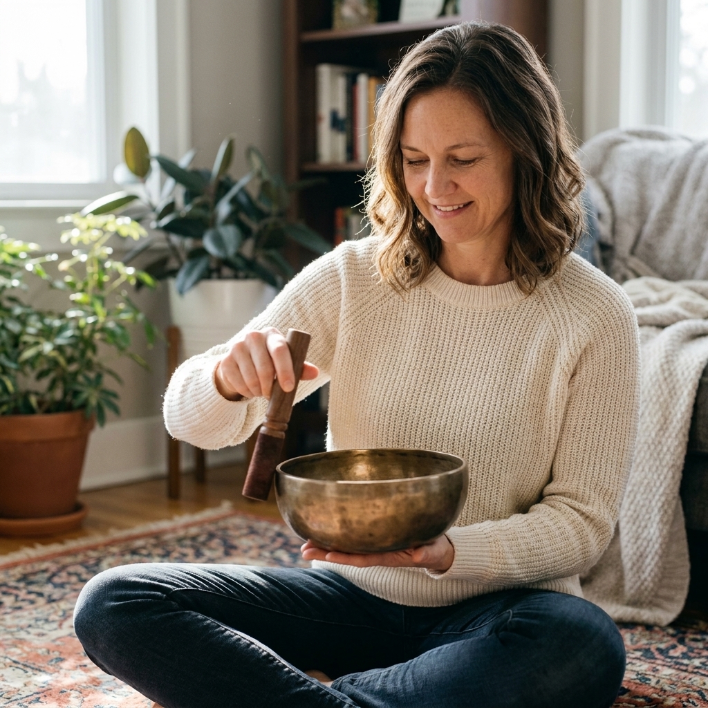 A person seated on the floor, gently circling a wooden mallet around the rim of a metal singing bowl in a calm home setting with soft light