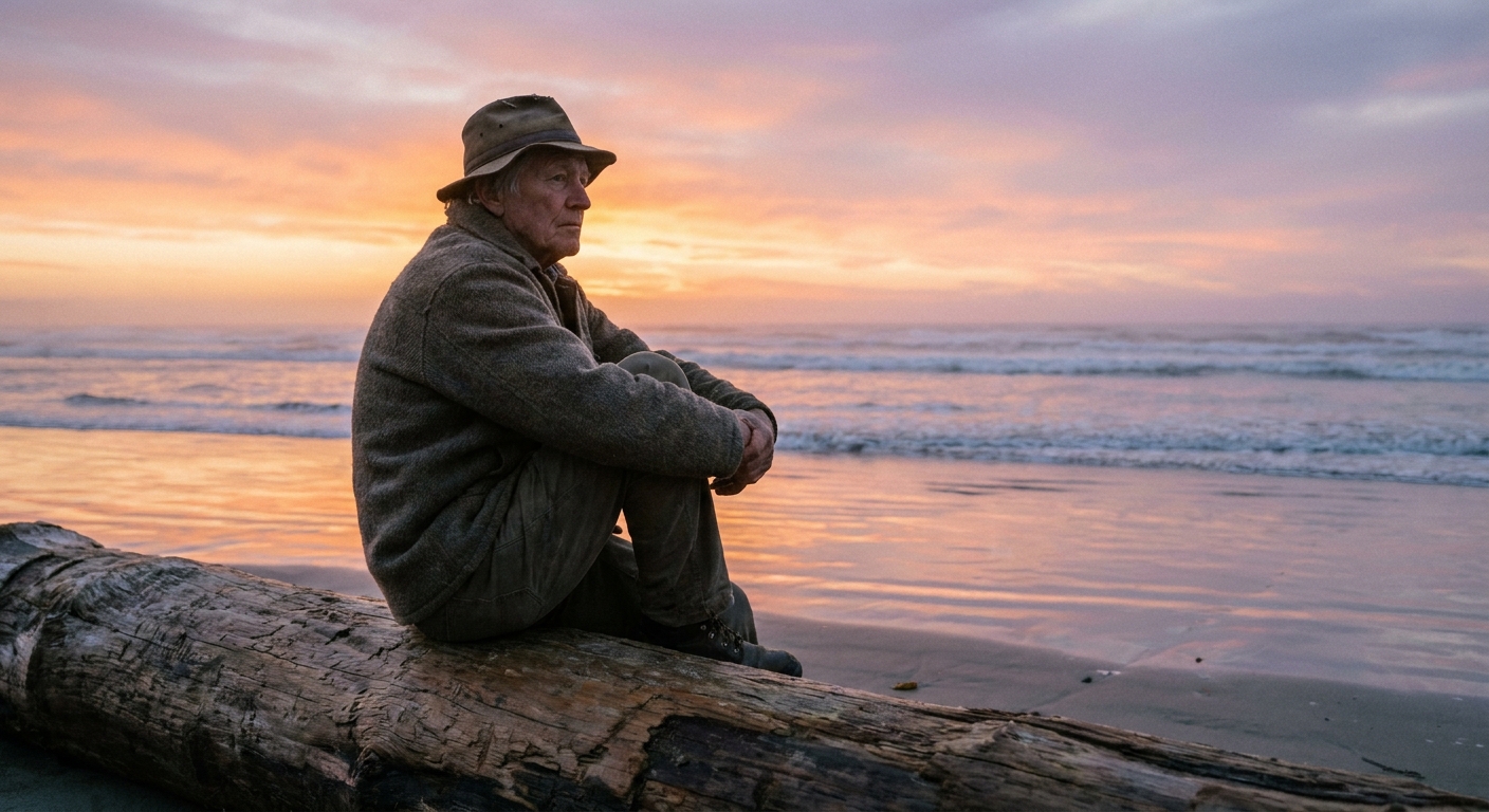 A person sitting alone on a driftwood log at the edge of the ocean at sunrise, wrapped in a simple jacket, looking thoughtful and quiet