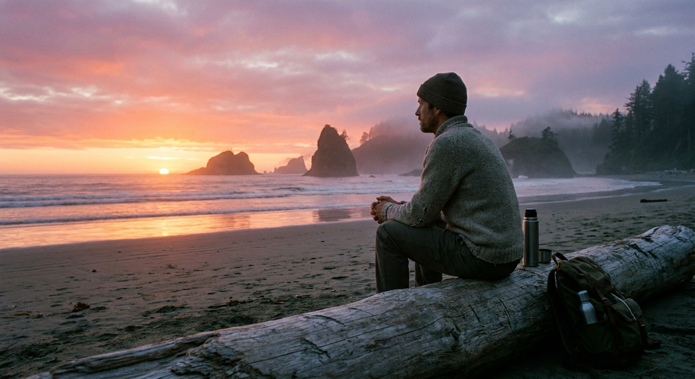 A person sitting alone on a driftwood log on a quiet Oregon beach at sunrise, hands resting in their lap, facing the ocean in a calm reflective moment